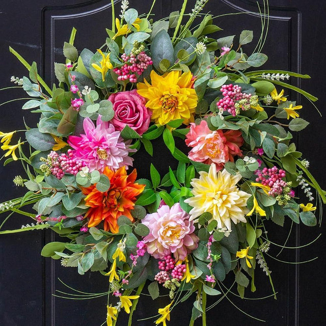 Spring Summer Wreaths for Front Door Outside 24 Inch, Soomeir Floral Door Wreath with Peony Dahlia Rose, for All Season Easter Indoor Outdoor Farmhouse Home Porch Wall Window Decor
