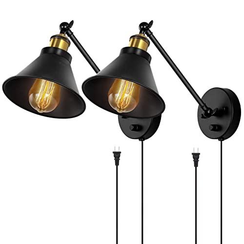HAITRAL Sconces Wall Lighting-Dimmable Swing Arm Wall Lamps with On/Off Switch & Plug in Wall Mounted Lamps, Wall Sconces Set of 2 for Bedroom,Bedside,Living Room,Dorm- Black&Brass