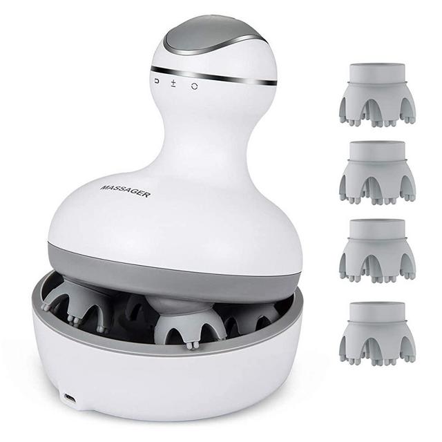 LATME Electric Scalp Massager Portable Head Scratcher Massager Handheld with Tissue Kneading 84 Nodes Gifts Idea Stress Release Full Body Massage for Muscles Back Shoulder Calf Pain (White-Grey)