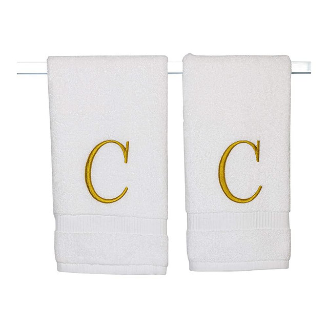 Monogrammed Hand Towels for Bathroom - Luxury Hotel Quality Personalized Initial Decorative Embroidered Bath Towel for Powder Room, Spa - GOTS Organic Certified - Set of 2 Gold Letter C