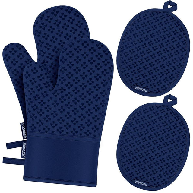 Oven Mitts and Pot Holders 4 Sets, Heat Resistant 500 ℉ Oven Mitt and Pot Holder,Oven Glove&Potholders with Non-Slip Silicone Surface,Kitchen Essentials for Cooking/Baking/BBQ-Marine Blue