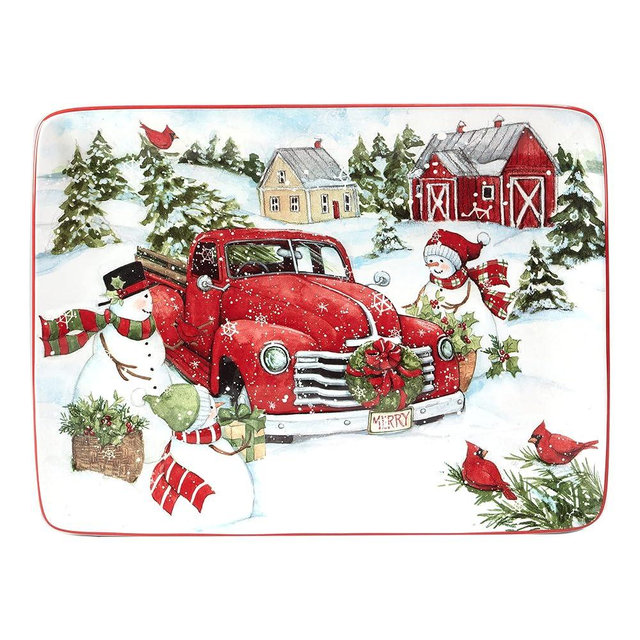 Certified International Red Truck Snowman Rectangular Platter, 16" X 12"