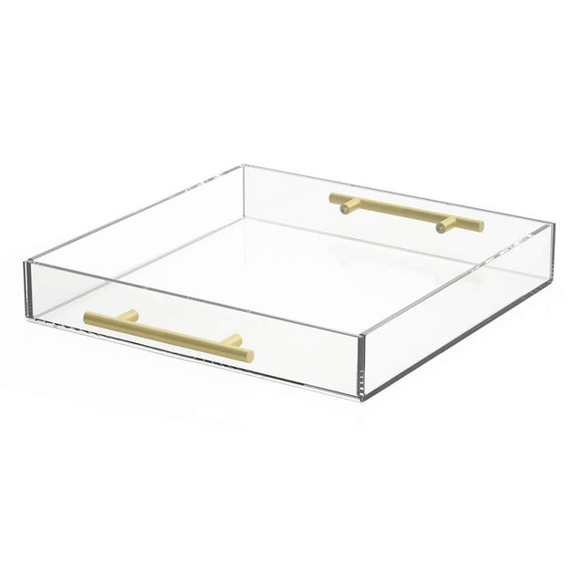 NIUBEE Clear Serving Tray 12x12 Inches -Spill Proof- Acrylic Decorative Tray Organiser for Ottoman Coffee Table Countertop with Round Handles