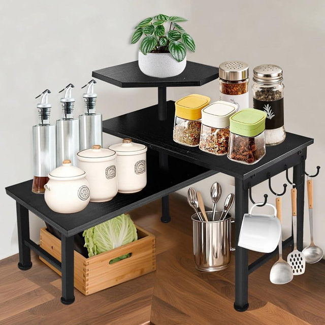 Uniqcovosa Counter Organizer Shelf, 3 Tier Moveable Black Corner Shelf Organizer with Hook, Counter Shelf for Kitchen Bathroom Spice Rack Coffee Area Over Sink Dresser Table (Black)
