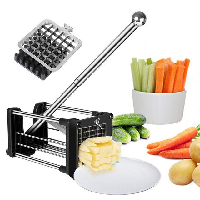 French Fries Cutter Fry Maker Press Stainless Steel Potato Slicer with 2 Blades(1/2"& 3/8") Great for Potatoes Carrots Cucumbers