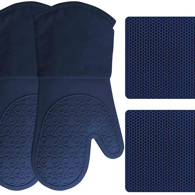 HOMWE Silicone Oven Mitts and Pot Holders, 4-Piece Set, Heavy Duty Cooking Gloves, Kitchen Counter Safe Trivet Mats, Advanced Heat Resistance, Non-Slip Textured Grip (Navy Blue)