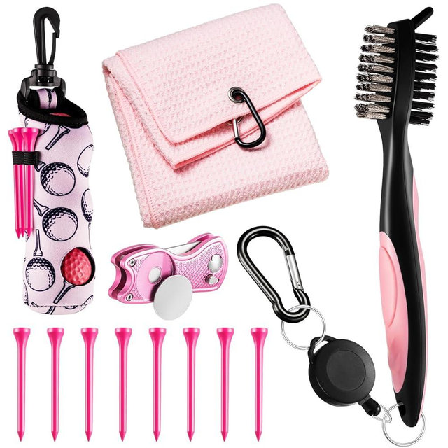 Liliful 12 Pcs Pink Golf Accessories Kit, Include Pink Golf Tees Golf Towel Golf Ball Bag with Hook Cleaner Brush Divot Tool with Magnetic Ball Marker for Women Ladies Golf Gifts
