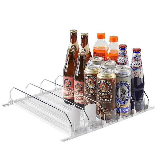Soda Can Dispenser for Refrigerator, Width Adjustable Self-Pushin Soda Can Organizer, Beer Pop Can Water Bottle Storage for Fridge, Pantry, Kitchen (5 Rows, White)