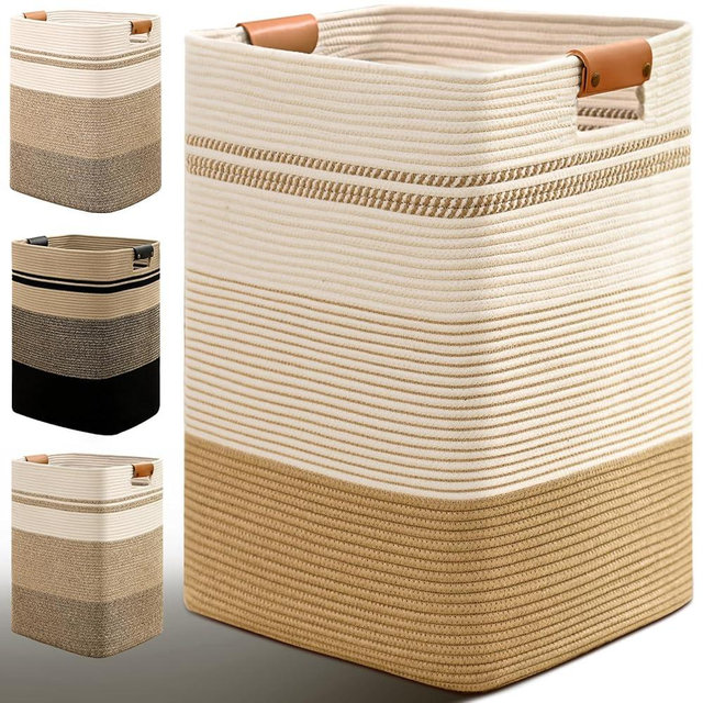Degeyoyo Laundry Hamper, 85L Tall Laundry Basket with Leather Handles, Rectangle Large Clothes Hamper for Organizing, Cotton Woven Laundry Baskets Storage Hampers for Bedroom, Nursery, Living Room
