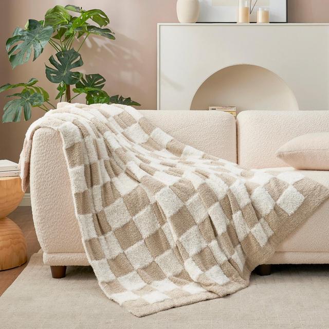 Snuggle Sac Faux Fur Checkered Throw Blanket, Fluffy Feather Yarn Blend Bedding Blankets for Couch or Bed, 60*80", Beige White