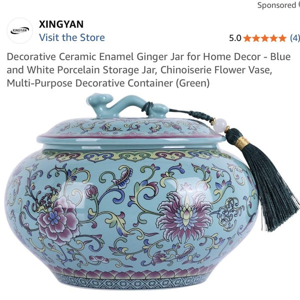 Decorative Ceramic Enamel Ginger Jar for Home Decor - Blue and White Porcelain Storage Jar, Chinoiserie Flower Vase, Multi-Purpose Decorative Container (Green)