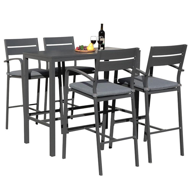 Soleil Jardin Outdoor Aluminum 5-piece Bar Set, Dining Bistro Pub Set, Patio Bar Height chairs with Cushion & Slatted High Top Table for Backyard Garden Pool, Dark Grey