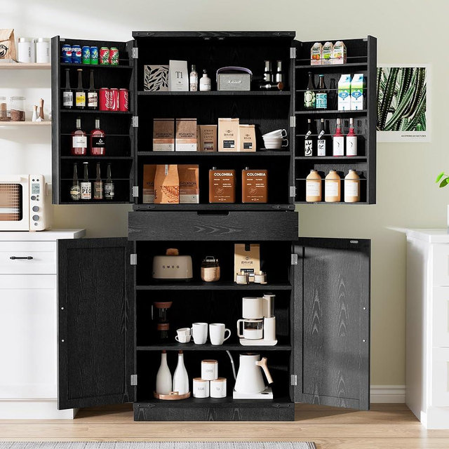 GRUSIGN 72" Tall Storage Cabinet, Kitchen Pantry Cabinet with Adjustable Shelves & Sturdy Steel Frame, Farmhouse Pantry Storage with 4 Barn Doors for Kitchen, Dining Room, and Living Room, Black