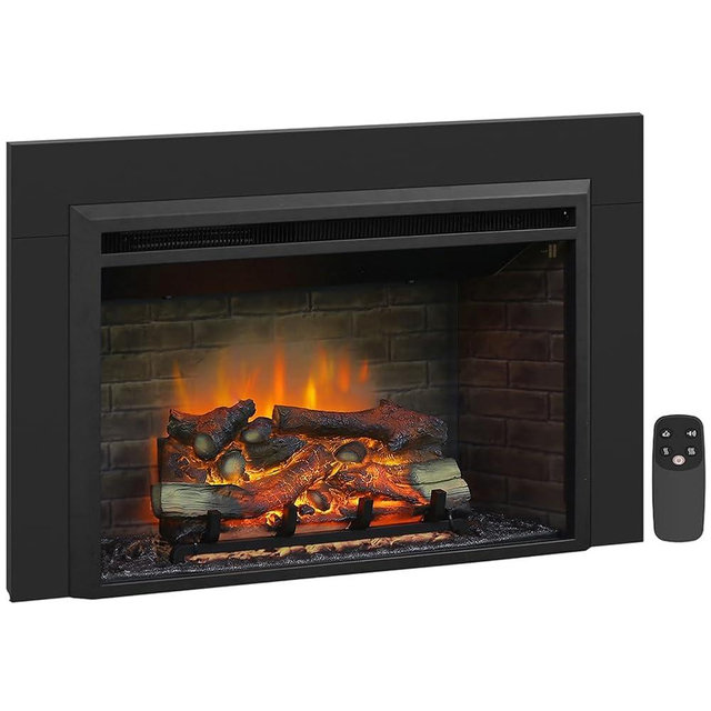 PuraFlame Western 33"x21" Electric Fireplace Insert with Trim Kit, Fire Crackling Sound, Resin Log, Remote Control, 750/1500W Heater, Black