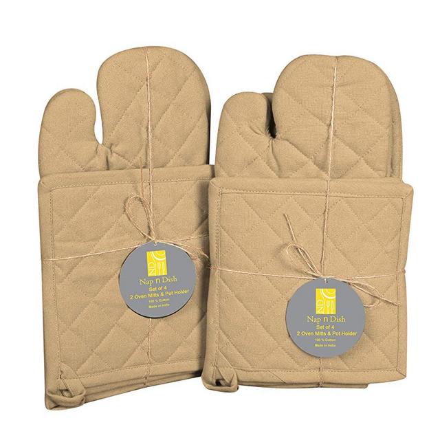 Nap n Dish Farmhouse Pot Holders and Oven Mitts Sets for Kitchen Heat Resistant - Hanging Non-Slip - Cotton Kitchen Oven Mitts and Pot Holders 4-Piece Set - Beige