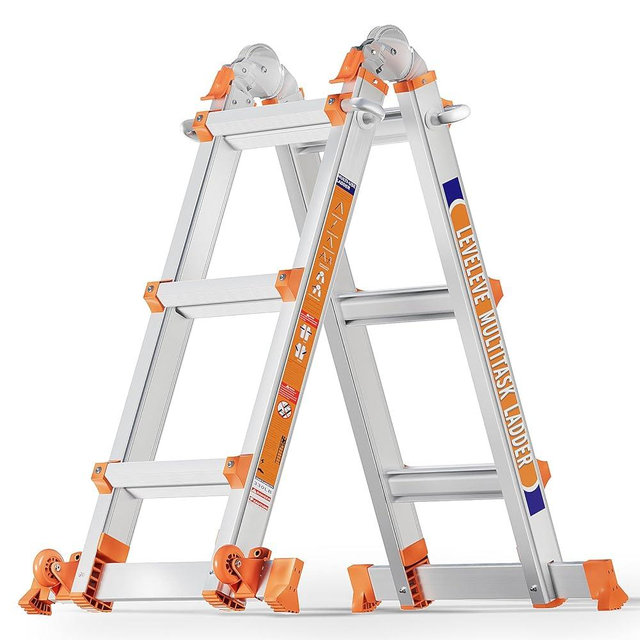 LEVELEVE 11FT Multi Position Ladder,A Frame 3 Step Ladder with Stabilizer Bar & Wheels,330 lbs Security Load Extension Ladder for Stairs Home Indoor Outdoor Roof