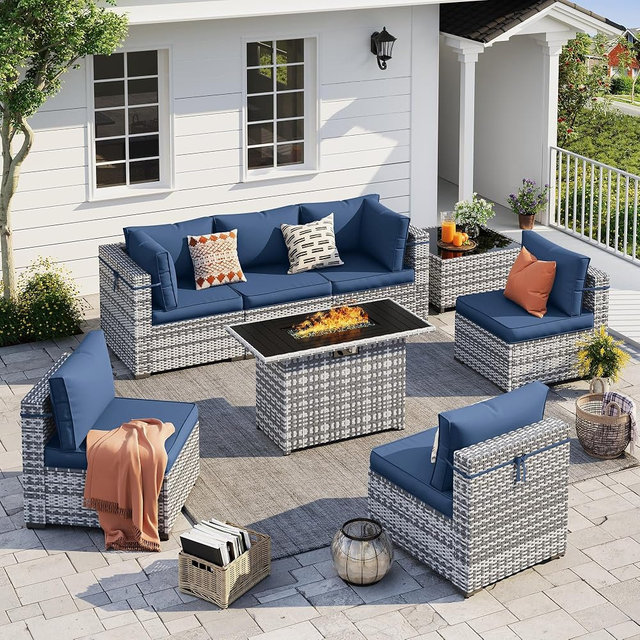 UDPATIO Patio Furniture Set with Fire Pit Table, 8 Pcs Outdoor Sectional Sofa, PE Wicker Patio Conversation Set for Garden, Backyard (Blue Cushions with Grey Rattan)