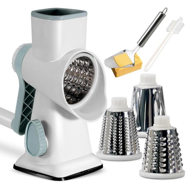 KEOUKE Rotary Cheese Grater with Handle Vegetable Cheese Shredder Slicer Grater for Kitchen 3 Changeable Blades for Cheese Potato Zucchini Nuts Chocolate - WhiteBlue