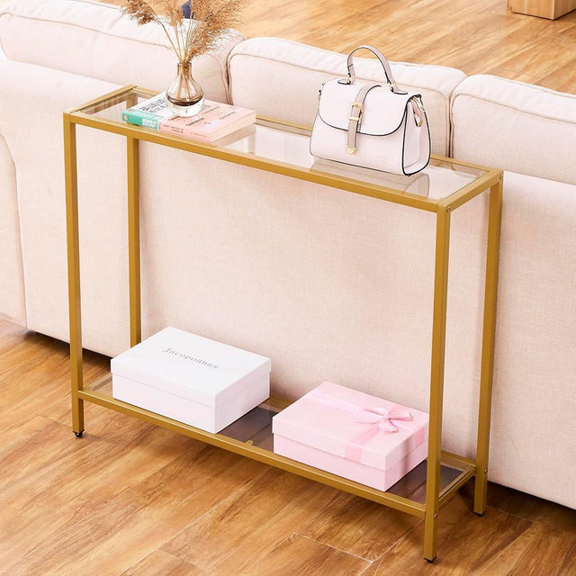 MAJARO Small Modern Console Table for Entryway, Tempered Glass with Metal Frame Sofa Table for Living Room, Hallway, Office (Double-Layer, Gold)