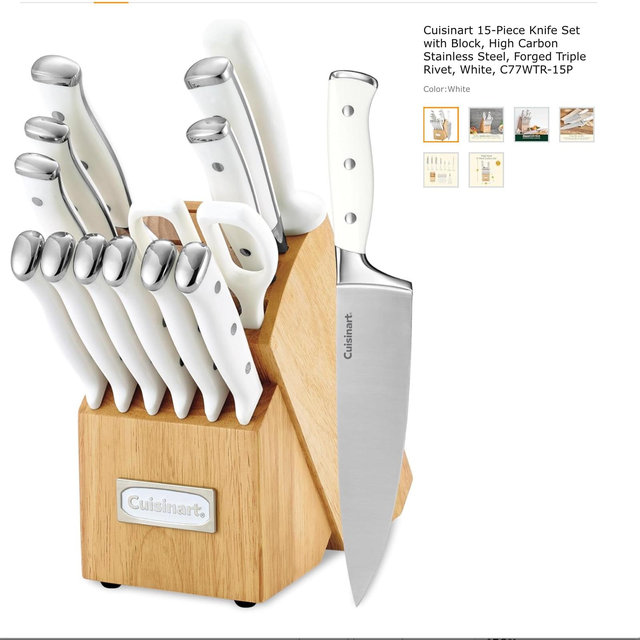 Cuisinart 15-Piece Knife Set with Block, High Carbon Stainless Steel, Forged Triple Rivet, White, C77WTR-15P