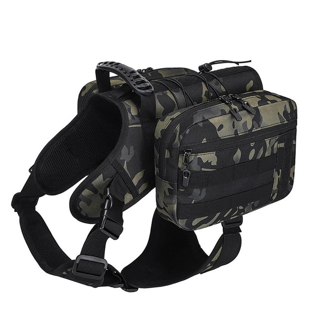 BYGD Outdoors Dog Hiking Backpacks, Hiking Backpack for Large Dogs with Side Pockets, Adjustable Strap, Large Capacity 2 Spacious Side Bags, Breathable Waterproof Fabric (Camo)