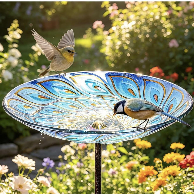 MUMTOP Glass Bird Bath, Garden Outdoor Birdbaths Birdfeeder with Metal Stake Peacock