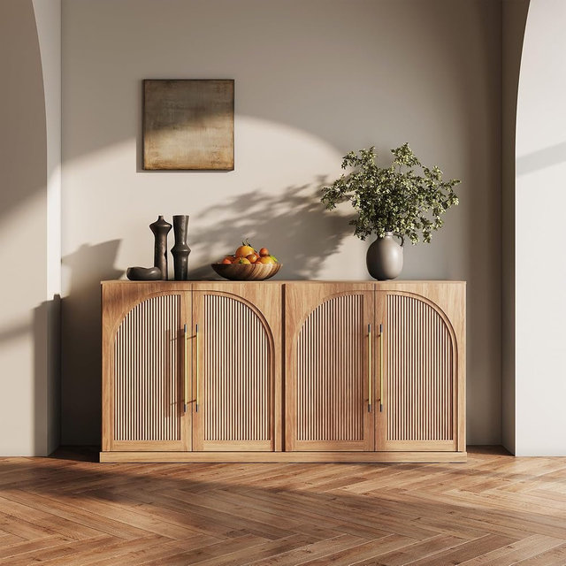 BELLEZE 65 Inch Sideboard Cabinet with Double-Arc Wood Doors, Large Buffet Cabinet with Storage and Adjustable Shelves, Classic Modern Console Table for Dining Room Living Room Entryway (Camel)