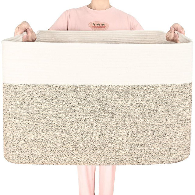 MINTWOOD Design 112L Extra Large Blanket Basket Holder Living Room, 25"x17"x16" Rectangle Rope Woven Storage Basket with Handles for Laundry, Pool Towels, Shoes, Dog Toy Organizer Bin Box, Light Brown