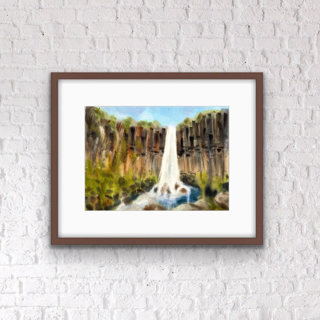 Original watercolor painting of Iceland, Svartifoss waterfall