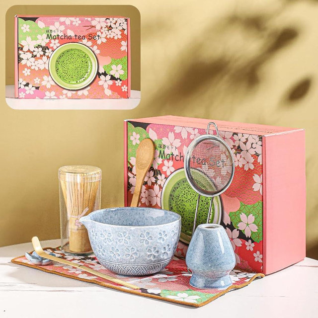 8-Piece Matcha Ceremony Set - Tea Kit with Cherry Blossom Bowl, Bamboo Whisk, Wood Scoops, Tea Cloth & Floral Display - Gift-Ready Pink Cherry color box (blue)