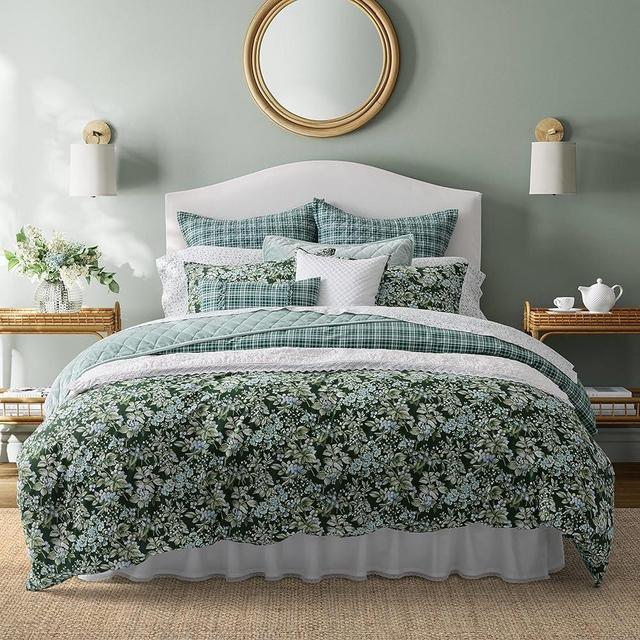 Laura Ashley- Queen Duvet Cover Set, Reversible Cotton Bedding Set, Includes Matching Sham(s) with Bonus Euro Sham(s) & Throw Pillow Covers (Bramble Floral Green, Queen)