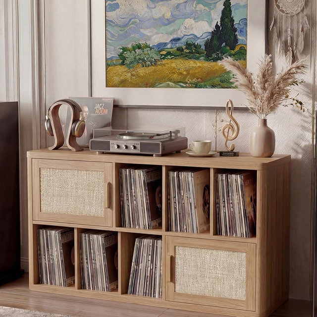 LELELINKY Large Record Player Stand - 39.5" Record Cabinet with Open Vinyl Storage Holds up to 400 Albums, Bohemian Vinyl Player Table with Rattan Doors, Turntable Stand for Living Room, Natural Oak
