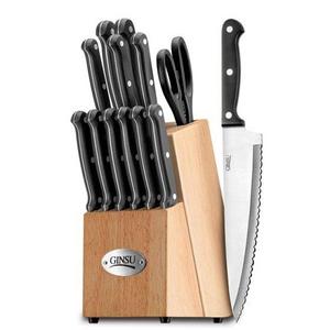 Ginsu Essential Series 14-piece Stainless Steel Serrated Knife Set Cutlery Set with Black Kitchen Knives in a Natural Block
