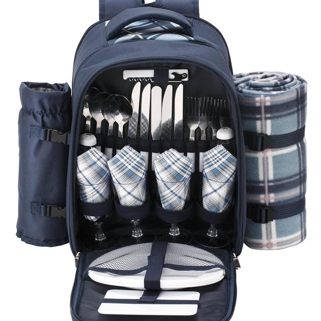 VonShef - 4 Person Blue Tartan Picnic Backpack With Cooler Compartment, Detachable Bottle/Wine Holder, Fleece Blanket, Flatware and Plates