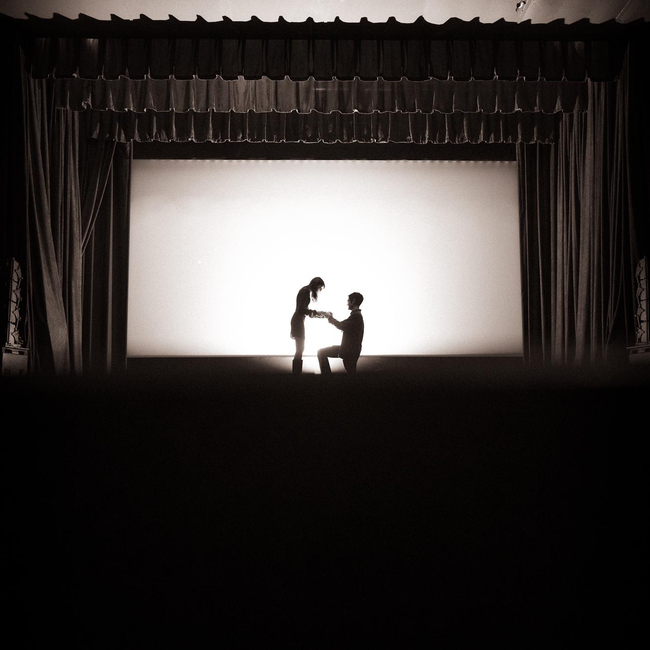 Daniel pulled off a surprise proposal at the downtown historic theater with the help of his brother Jonathan, Marley’s friend Kaylee, and the kind theater staff!