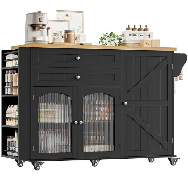 FINETONES Kitchen Island with Storage, Rolling Kitchen Island on Wheels with Wood Drop Leaf Countertop, Island Table Bar Cart with Spice Towel Rack Portable Kitchen Table Kitchen Carts on Wheels