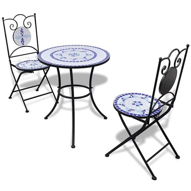 Tidyard 23.6 inch Bistro Table Mosaic with 2 Chairs Garden, Patio, or Balcon Weather-Resistant Blue and White Table Size: 23.6 inch x 27.6inch (?? x H)