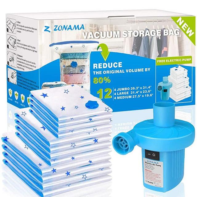 Vacuum Storage Bags with Electric Air Pump, 12 Pack (4 Jumbo, 4 Large, 4 Medium) Reusable Vacuum Compression Space Saver Bags for Clothes, Mattress, Blanket, Duvets, Pillows, Comforters, Quilt, Travel