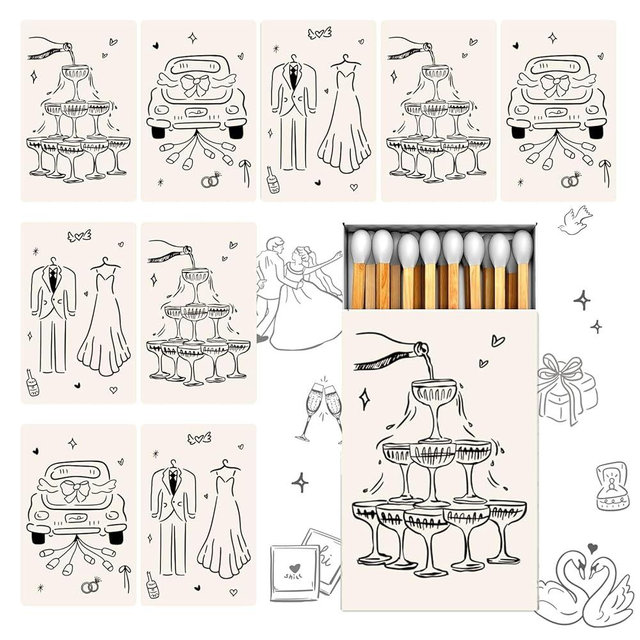 Whaline 120Pcs Wedding Match Box Stickers Matchbook Labels Black Champagne Tower Wedding Car Suit Sticker for Bride Shower Party Favor Decor(No Matches and Boxes)