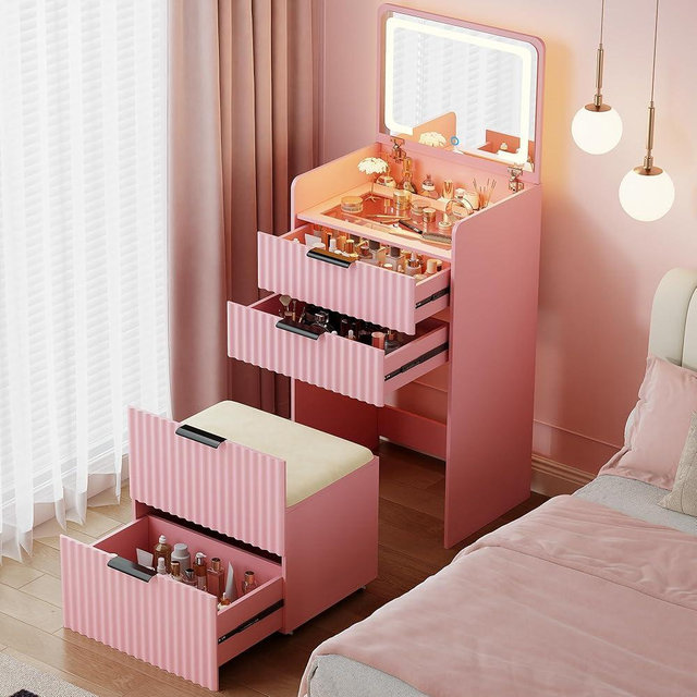 MDGC 3-in-1 Small Vanity Desk with Flip Top Mirror and Lights,Fluted Compact Makeup Vanity with Storage Stool and Drawers,Mini Vanity Table Set for Bedroom Furniture,Pink