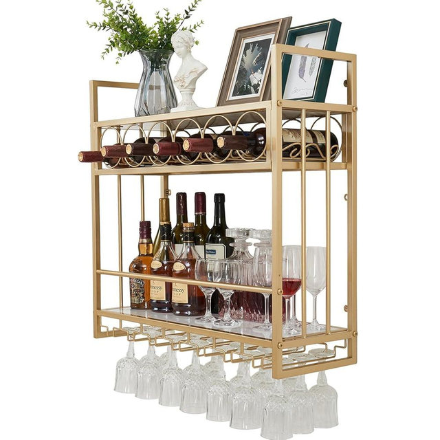 Keslecy Wall Mounted Wine Rack with Glass Holder Storage, Metal Floating Bar Liquor Shelves, Wine Bottle Display Rack (Gold)