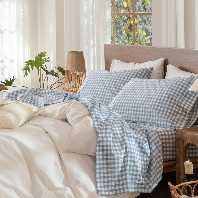 MooMee Gingham Sheet Set 100% Washed Cotton Linen Like Textured Breathable Soft w/Fully Elasticized 16-19" Deep Pocket (Classic Gingham Cornflower Blue, King)