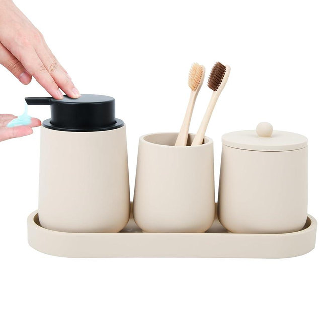 Beige Bathroom Accessories Set - 4 Pcs Bathroom Accessory Sets with Toothbrush Holder,Lotion Soap Dispenser,Qtip Holder Dispensr & Vanity Tray,Bathroom Countertop Vanity Oganizer - Beige