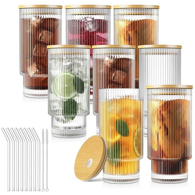 8Set Glass Cups, 16OZ Ribbed Glassware with Bamboo Lids and Glass Straws, Vintage Drinking Glasses for Whiskey Cocktail Beer, Iced Coffee Cups for Cute Gifts