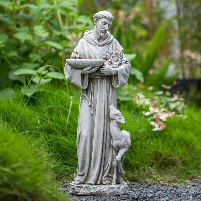 Grace4Joy St Francis of Assisi Statue Outdoor, 22.5 Inches St Francis Bird Bath Sculpture, Hand Painted St. Francis with Animals Garden Statue for Home Yard Patio Lawn Hallway Decor (Stone)