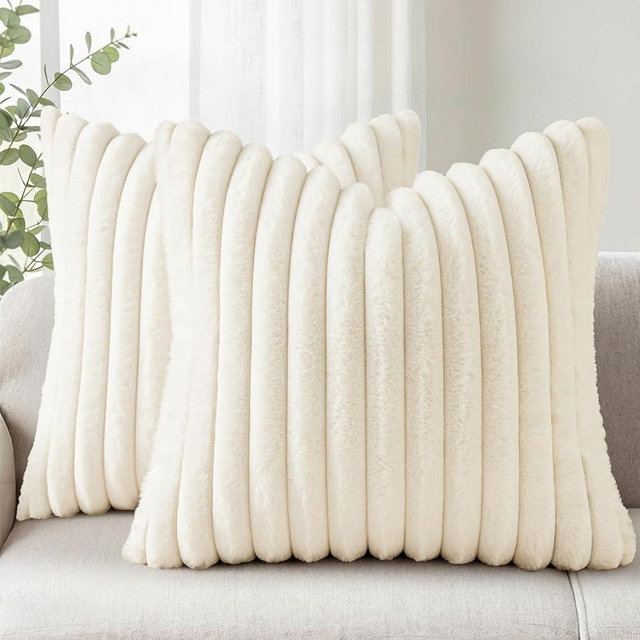 Simmore Faux Fur Couch Throw Pillow Covers 20x20 Set of 2, Decorative Soft Striped Plush Pillow Covers with Velvet Back for Sofa Bed Living Room, Cream White