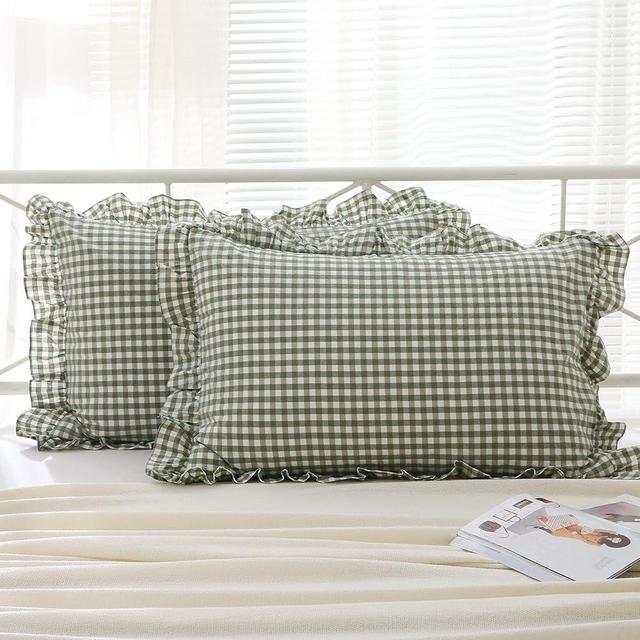 K MASANIJI 2 Pack Sage Green and White Plaid Ruffle Gingham King Size Pillow Shams 20x36 inches, Washed Cotton Checkered Farmhouse Pillow Covers for Bed/Sofa (20x36 inches, Sage Green/White Plaid)