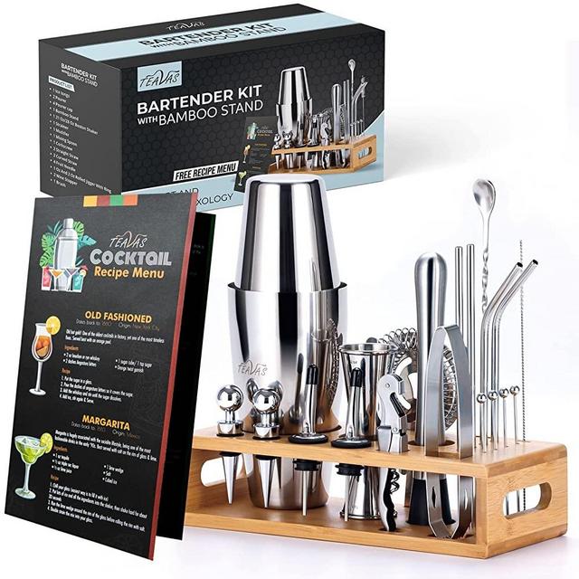 TEAVAS Mixology Bartender Kit with Bamboo Stand and Japanese Jigger | 25-Piece Bar Set Profesional Stainless Steel Bar Tools | Boston Cocktail Shaker Set | Recipe Menu | Barware Present