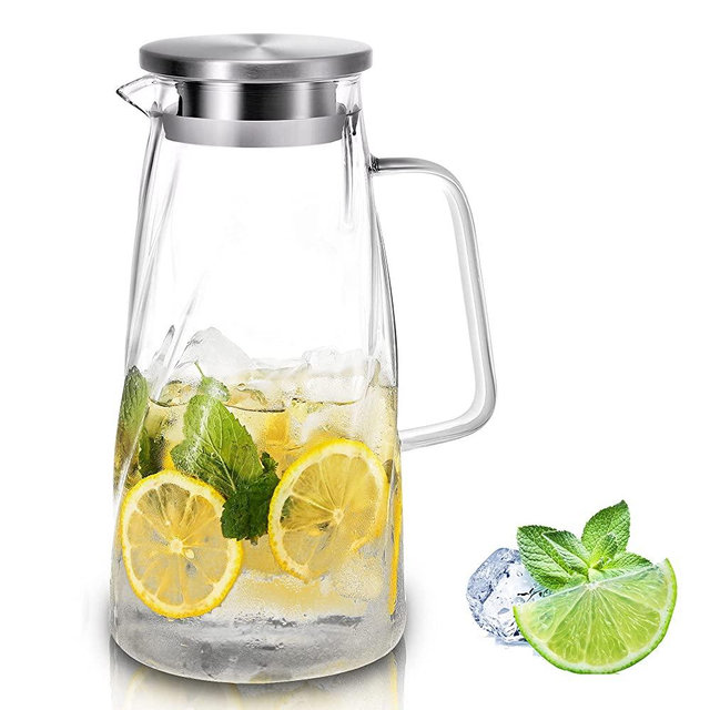 Glass Pitcher with Lid and Handle - Iced Water Carafe - [57 ounces,1.7 L] Lead-free Borosilicate Glass Beverage Jug - Sun Tea Pot Lemonade Milk Dispenser for Fridge Teapot Coffee Juice