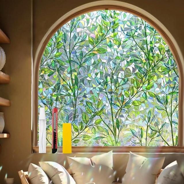 Countewol Window Privacy Film Stain Glass Window Film Rainbow Window Film Window clings Non-Adhesive Reusable Decorative for Room (Leaf Rainbow, 17.5 X 157.4 in)